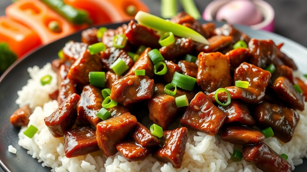 Tender Mongolian Beef Stir-Fry Recipe Plate of Mongolian Beef stir-fry with beef, green onions over rice, garnished with vegetables.